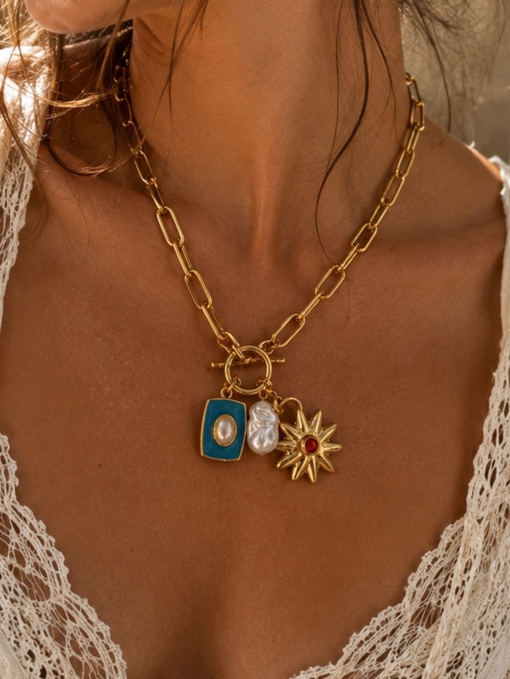 New mayamar Gold Chain Charm Necklace with Turquoise, Pearl & Sun Charm - Picture 1 of 5